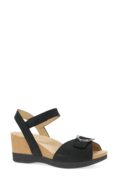 Dansko Stella Ankle Strap Platform Wedge Sandal in Black Milled Nubuck 