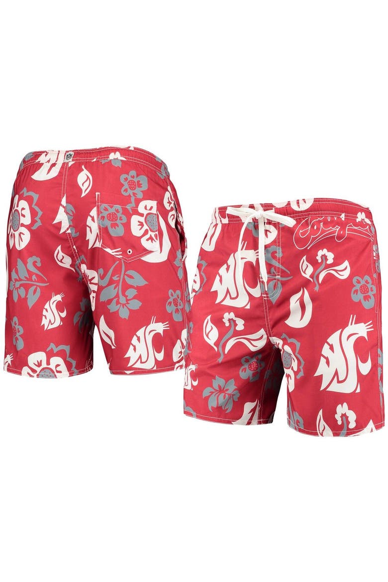 Men's Wes & Willy Crimson Washington State Cougars Floral Volley Logo Swim Trunks, Main, color, Crimson