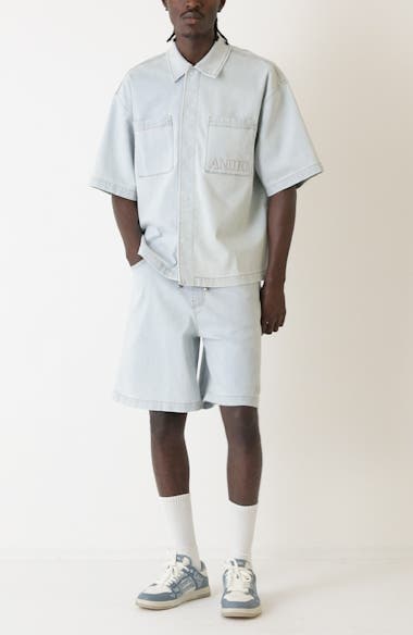 AMIRI 3D Logo Short Sleeve Snap-Up Denim Shirt | Nordstrom
