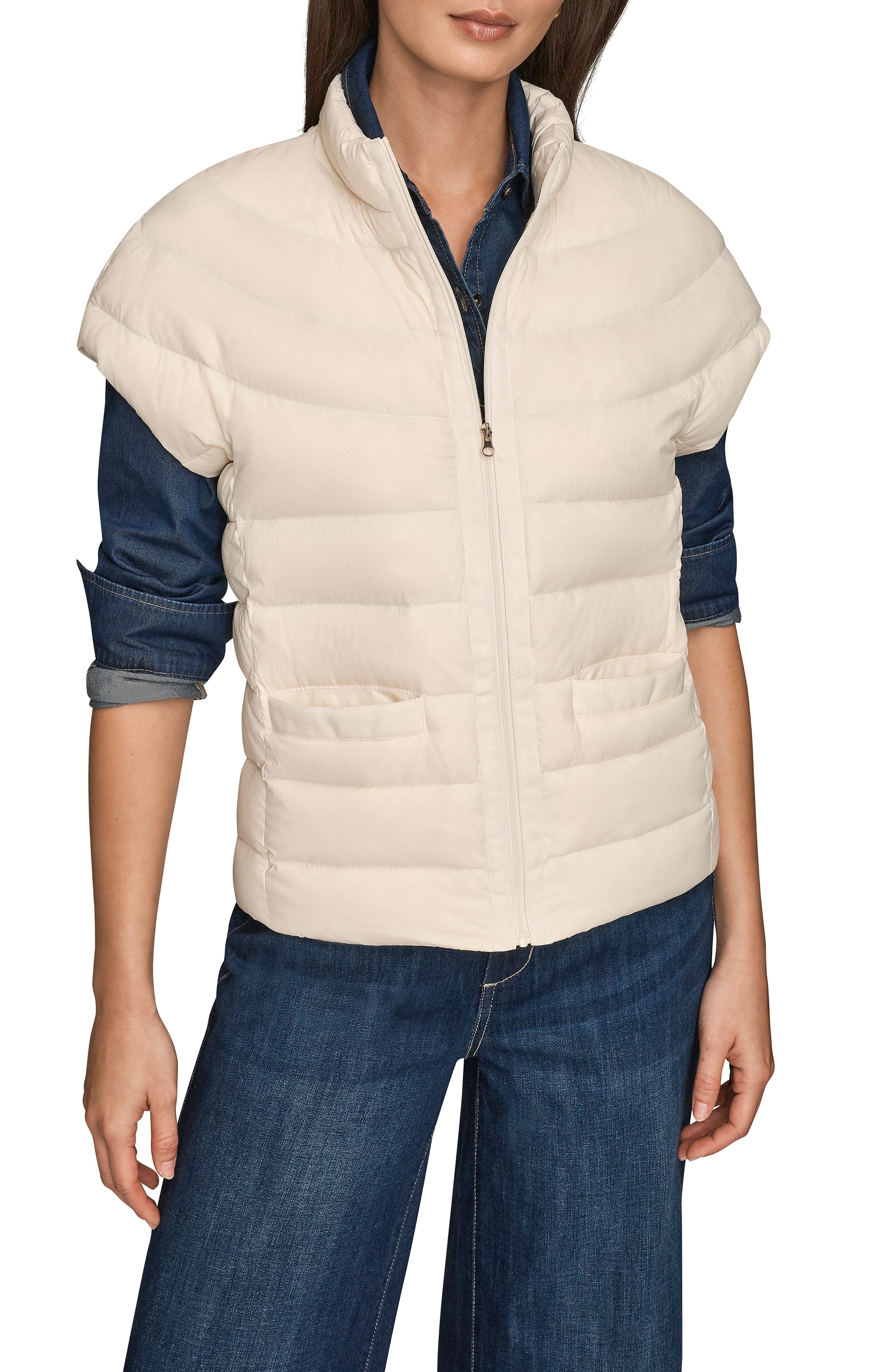 Donna Karan New York Cap Sleeve Mixed Media Down Jacket In Neutral