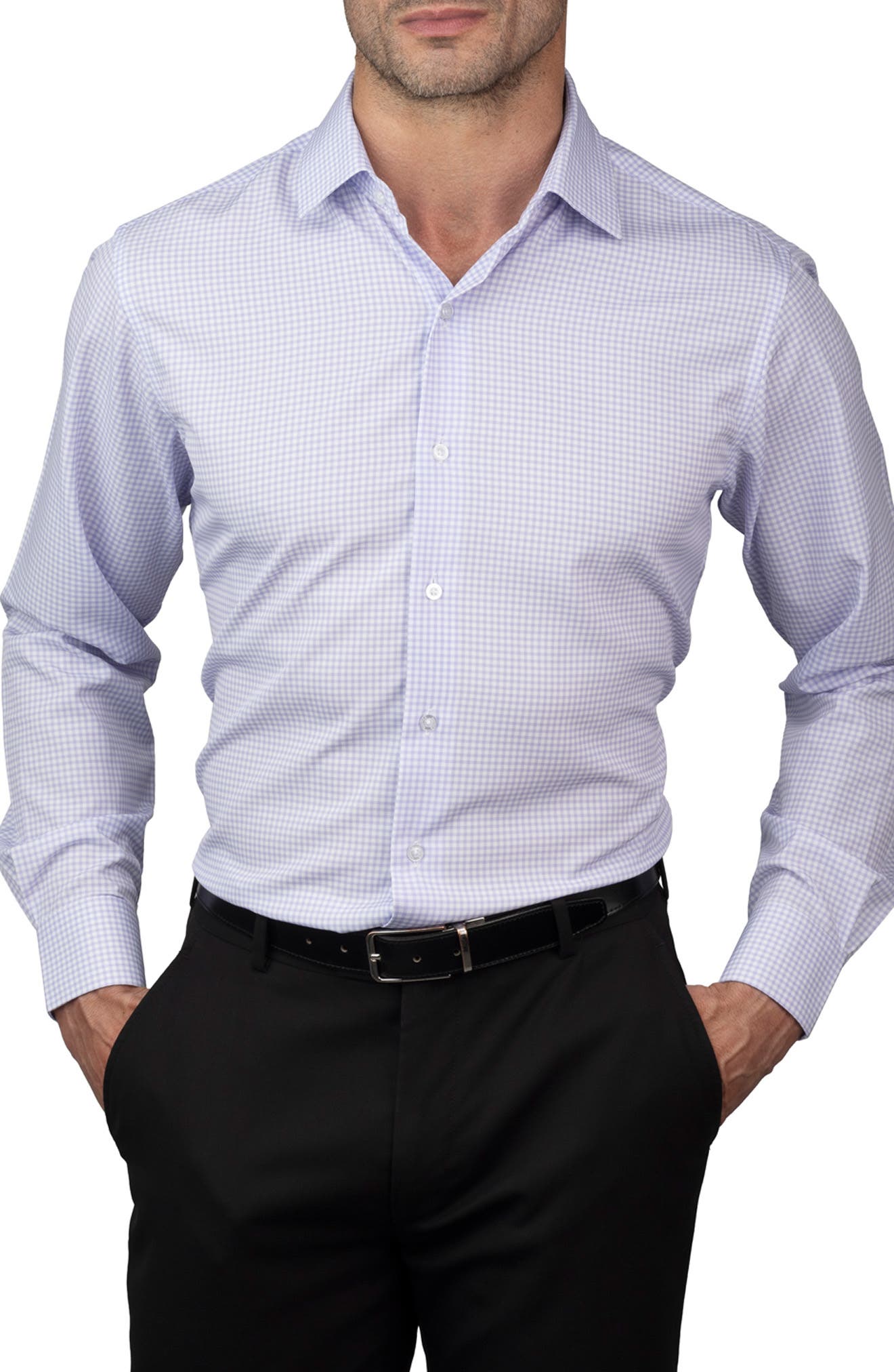 Gingham Trim Fit Stretch Dress Shirt