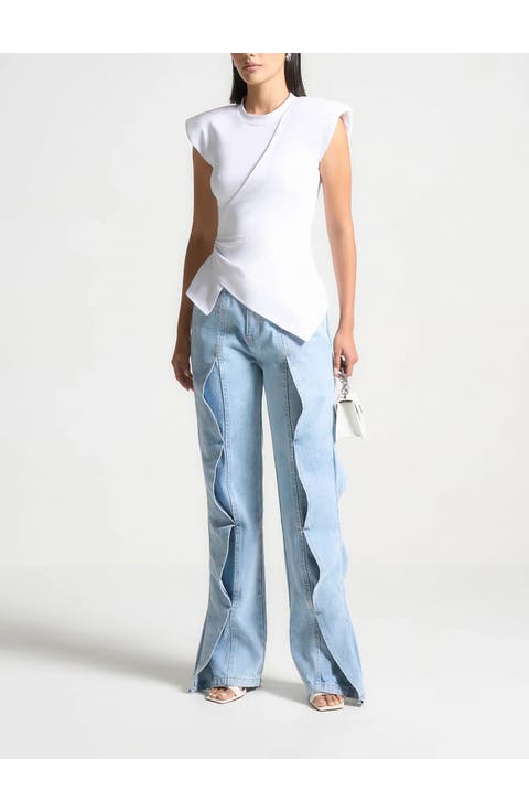 Wide Shoulder Ruched Waist Top