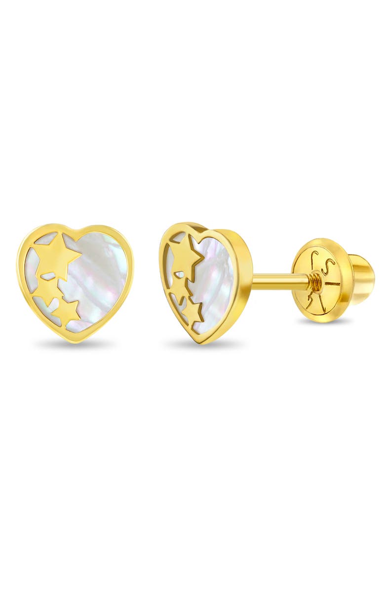 In Season Jewelry 14k Star Banded Mother of Pearl Heart Girl Earrings, Main, color, White