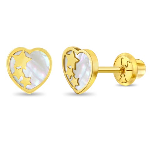 14k Star Banded Mother of Pearl Heart Girl Earrings