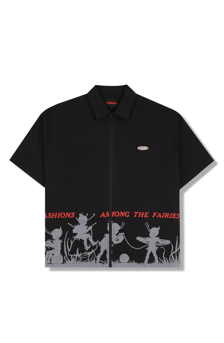 PLEASURES Fairies Relaxed Fit Cotton Zip Shirt, Alternate, color, Black