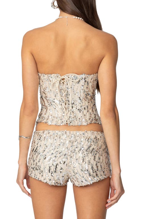 Edikted Wavy Sequin Strapless Corset Top In Silver