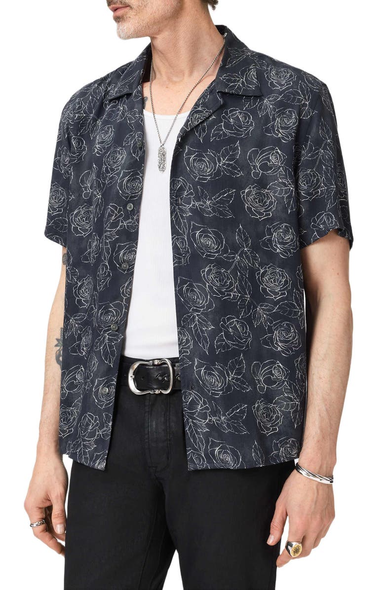 John Varvatos Dan Print Modal Camp Shirt, Alternate, color, Black