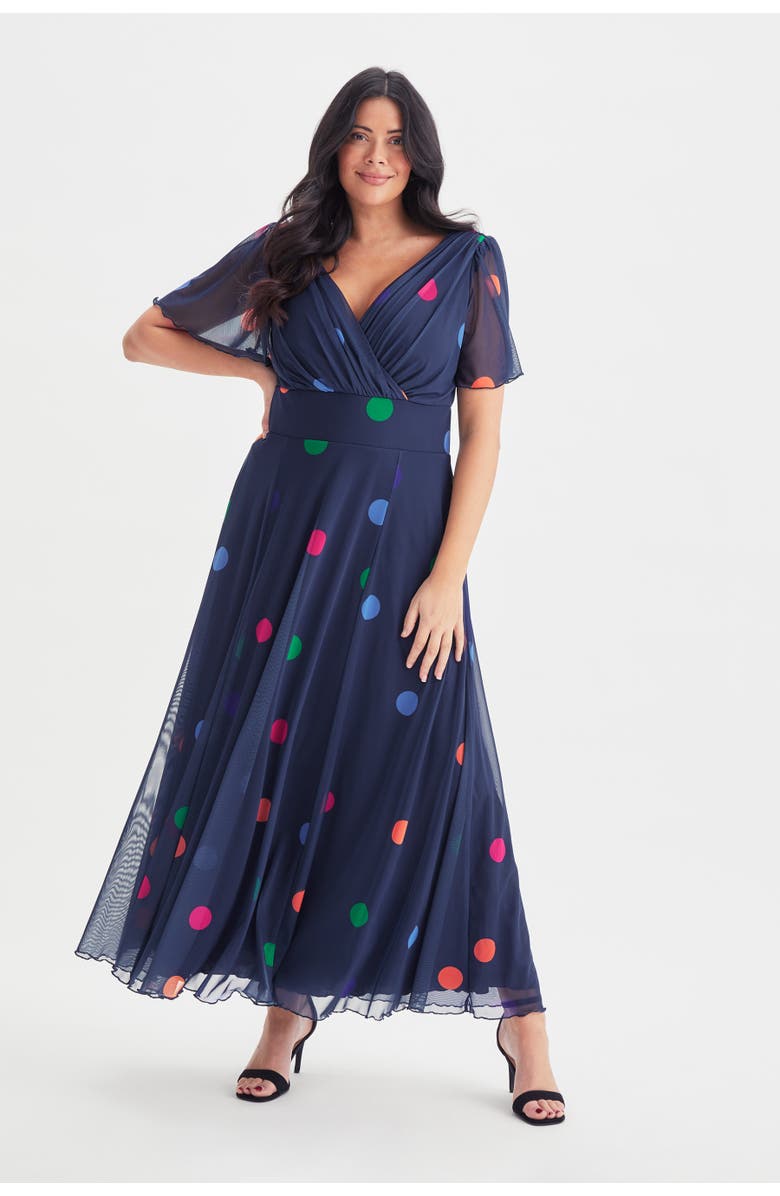 Scarlett & Jo Isabelle Short Sleeve V-Neck Maxi Dress, Main, color, Navy Polka