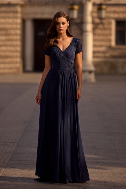 Jersey Long Evening Dress with Short Lace Sleeves