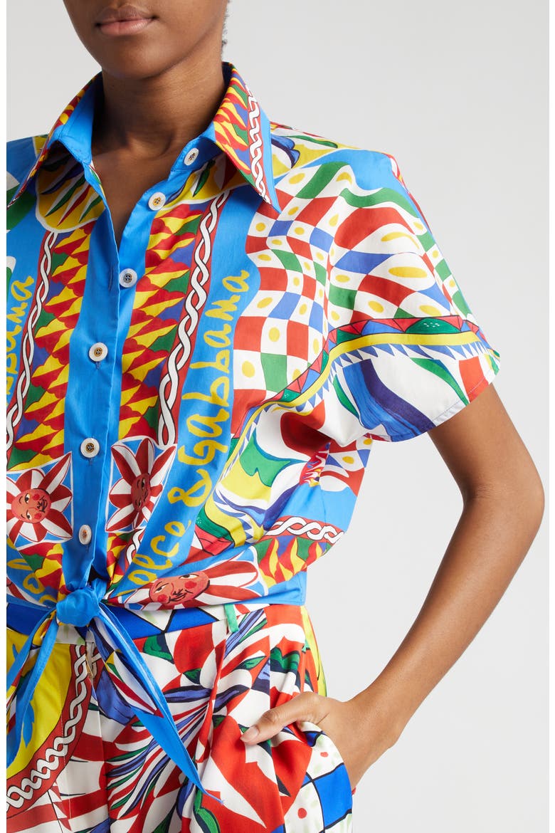 Carretto Print Tie Detail Cotton Shirt, Alternate, color, BLUE MULTICOLOR
