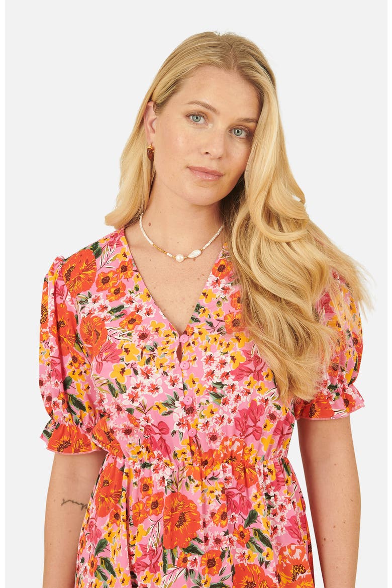 Short Sleeve V-Neck Printed Midi Dress, Alternate, color, Pink