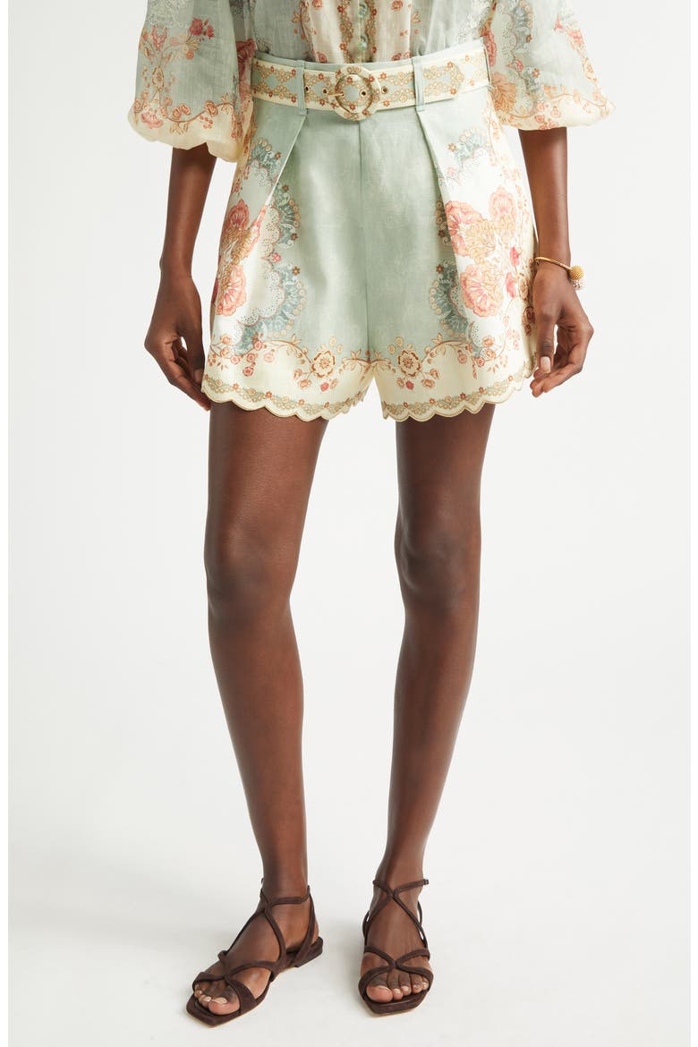 Daylight Tuck Pleated Linen Shorts, Main, color, WALLPAPER FLORAL MINT