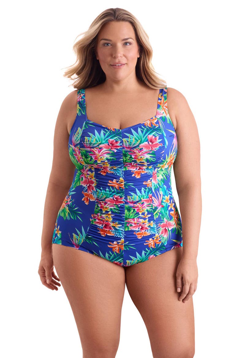 Shirred Front Princess Seam Girl Leg Plus Size One-Piece Swimsuit, Main, color, Tropical Tendencies