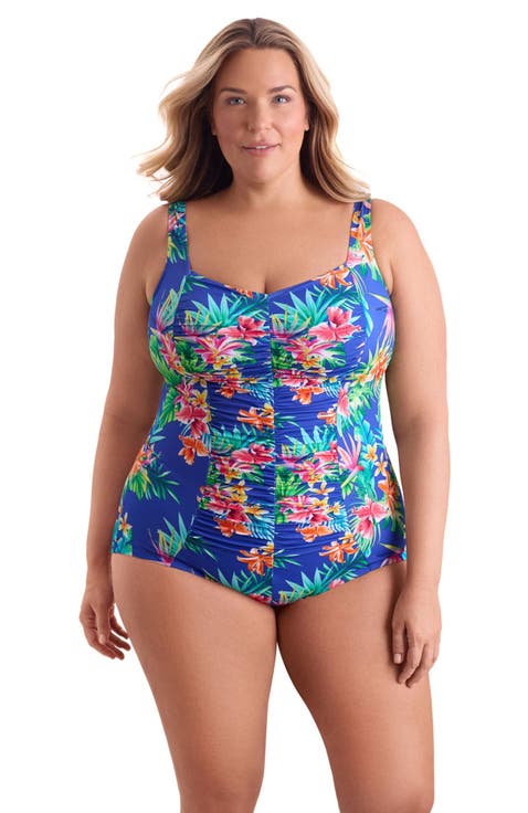 Shirred Front Princess Seam Girl Leg Plus Size One-Piece Swimsuit