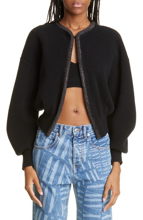 Crystal Placket Wool Blend Crop Cardigan