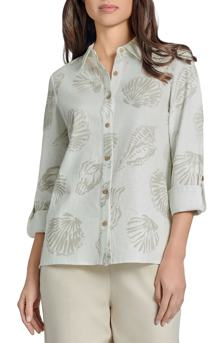 Jones New York Seashell Print Linen Blend Button-Up Shirt, Main, color, 