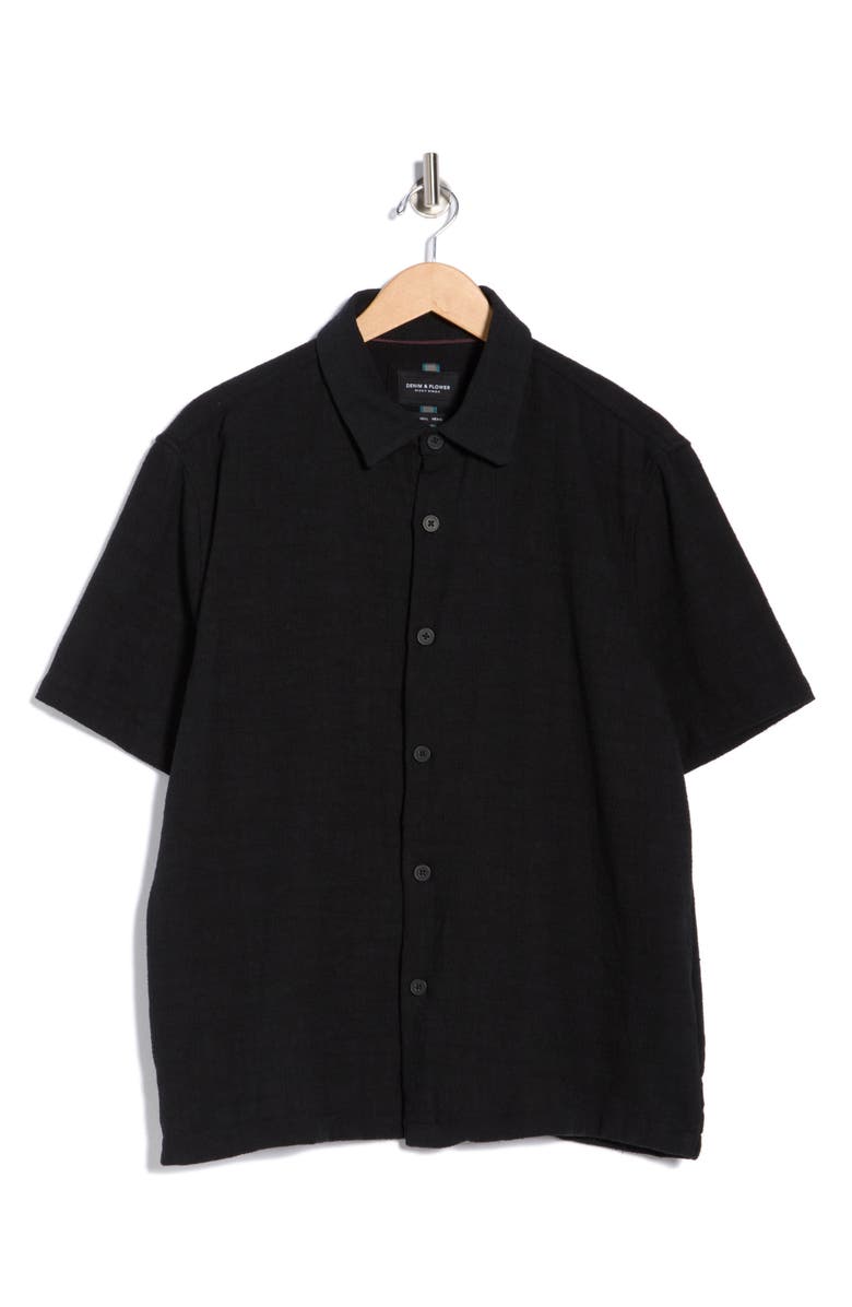 DENIM AND FLOWER Textured Short Sleeve Button-Up Shirt, Main, color, Black
