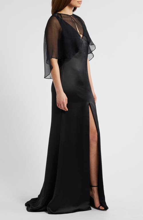 Amsale Sleeveless Satin Trumpet Gown With Silk Cape In Black