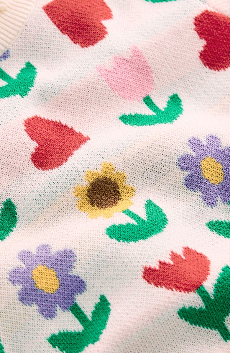 Mini Boden Kids' Floral Jacquard Short Sleeve Cotton Sweater, Alternate, color, Ecru Marl Sunflower Garden