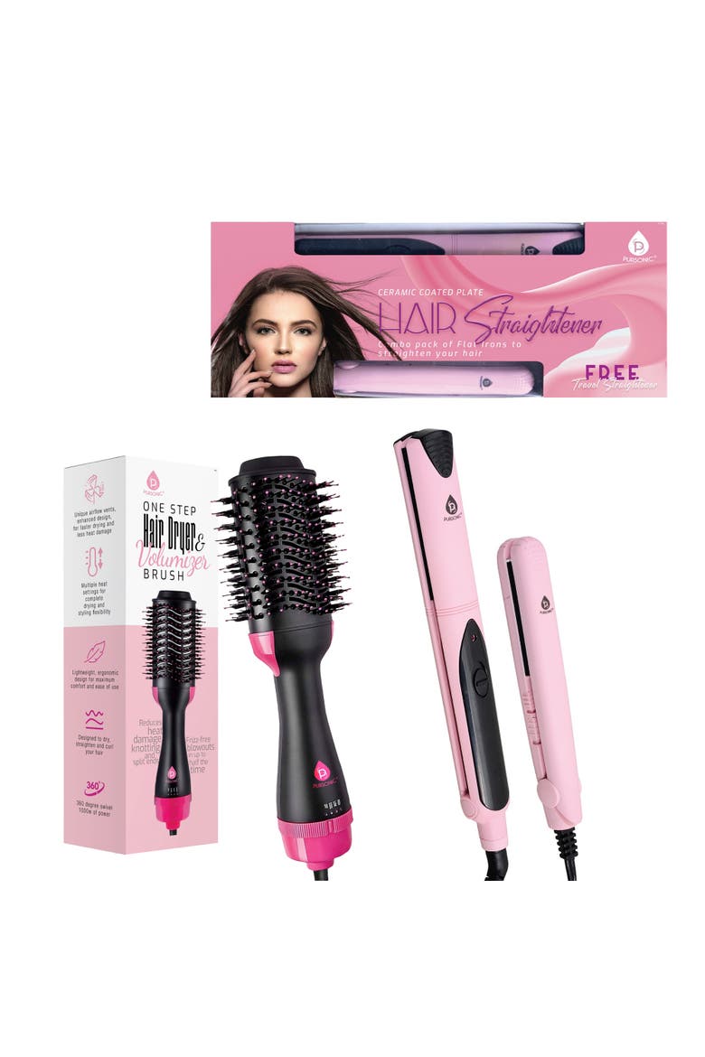 Hair Styling Power Bundle Hair Dryer & Volumizer Brush + Flat Iron Hair Straightener With Free Travel Straightener, Alternate, color, Pink