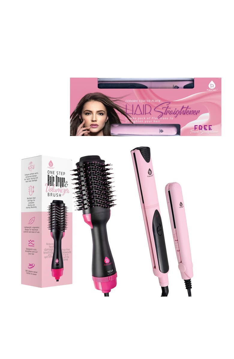 PURSONIC Hair Styling Power Bundle Hair Dryer & Volumizer Brush + Flat Iron Hair Straightener With Free Travel Straightener, Alternate, color, Pink
