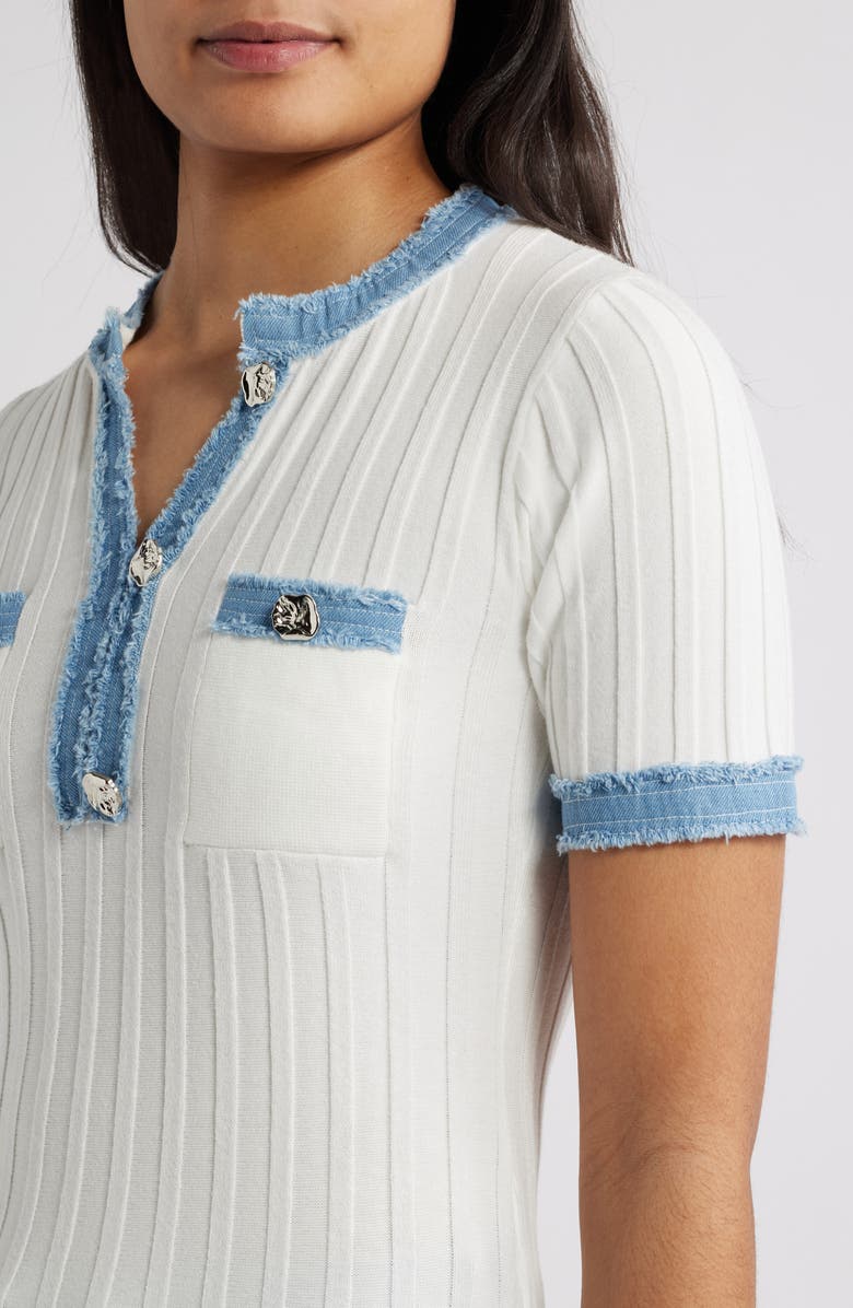 ZOE AND CLAIRE Denim Trim Short Sleeve Sweater, Alternate, color, Ivory