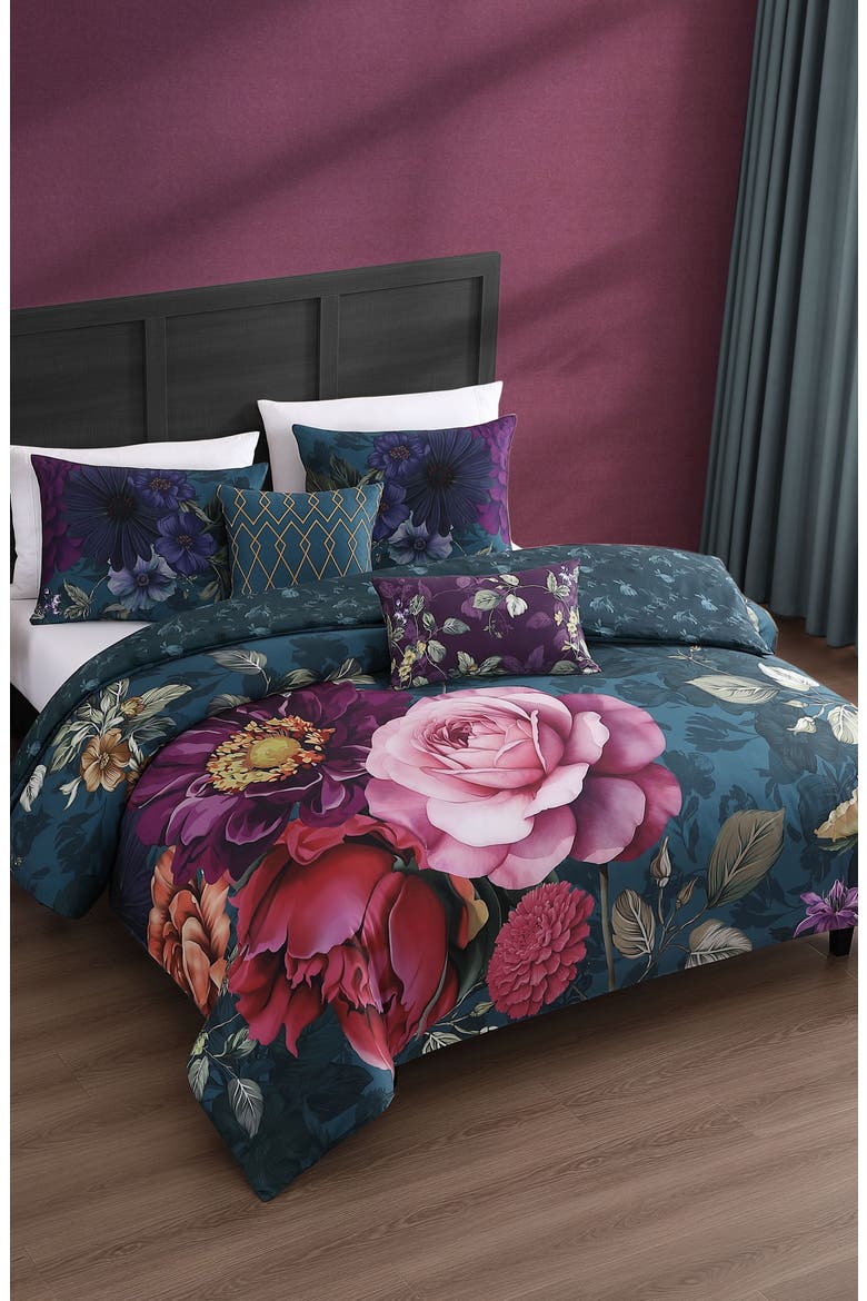 Vibrant Flora Reversible 5-Piece Comforter Set, Alternate, color, BLUE