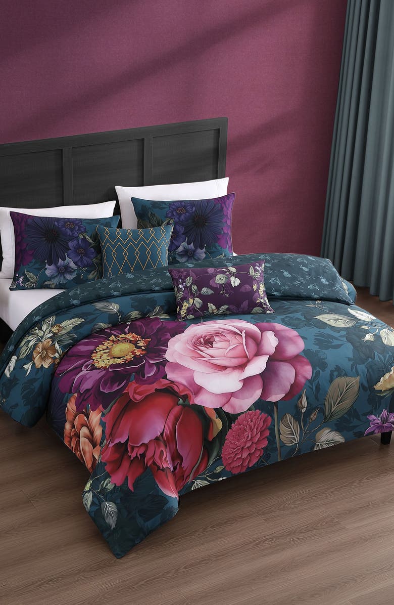 Bebejan Vibrant Flora Reversible 5-Piece Comforter Set, Alternate, color, Blue
