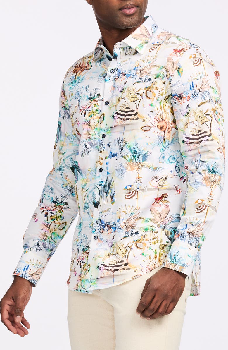 Robert Graham Floral Print Cotton Button-Up Shirt, Alternate, color, White Multi