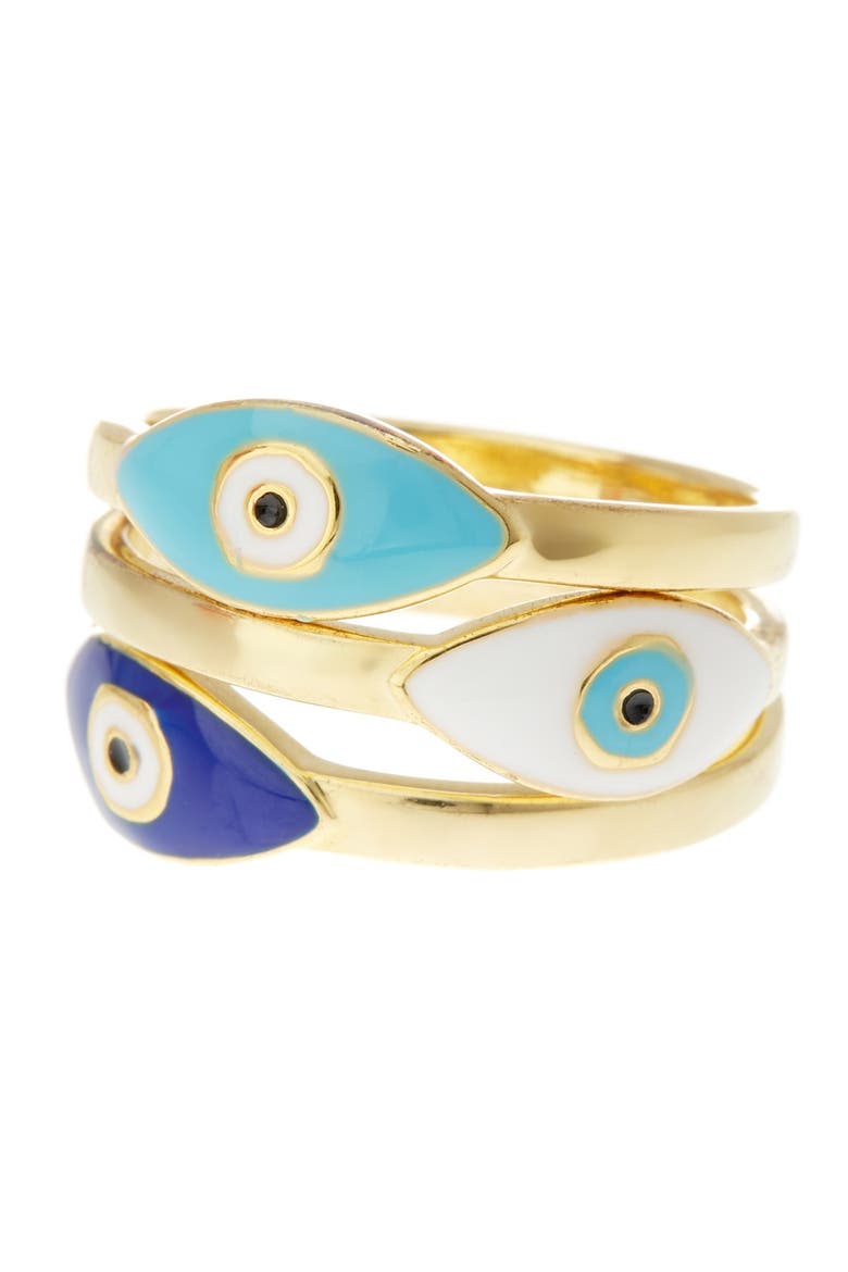 14K Gold Plated 3-Piece Evil Eye Ring Set, Main, color, GOLD