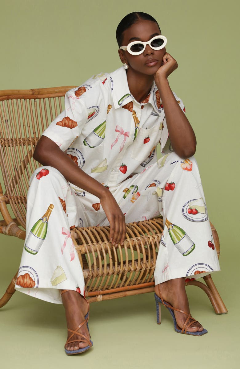 Avec Les Filles Party Print Crop Button-Up Shirt, Alternate, color, Ivory Tabletop Print