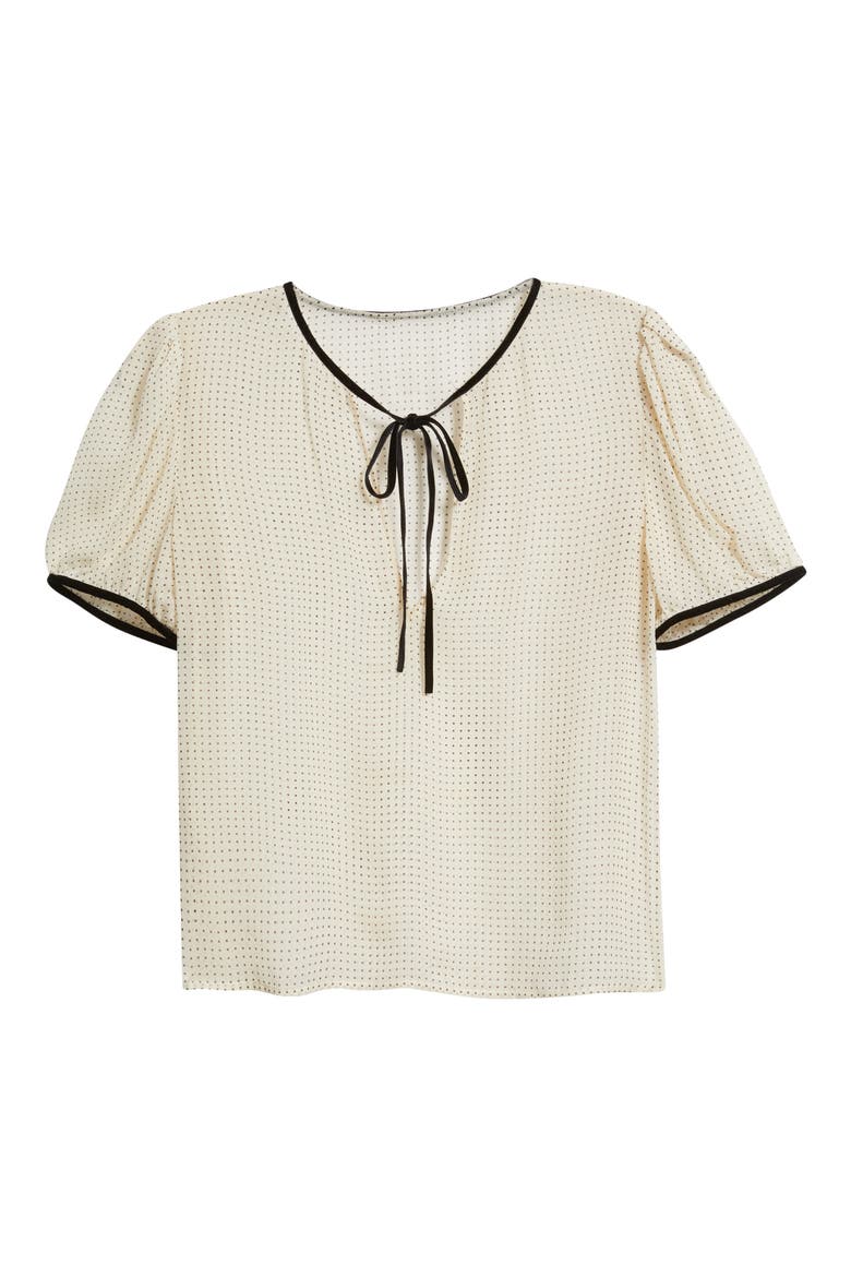 Polka Dot Tie Front Puff Sleeve Semisheer Silk Top, Alternate, color, ECRU MULTI