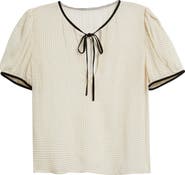 FRAME Polka Dot Tie Front Puff Sleeve Semisheer Silk Top