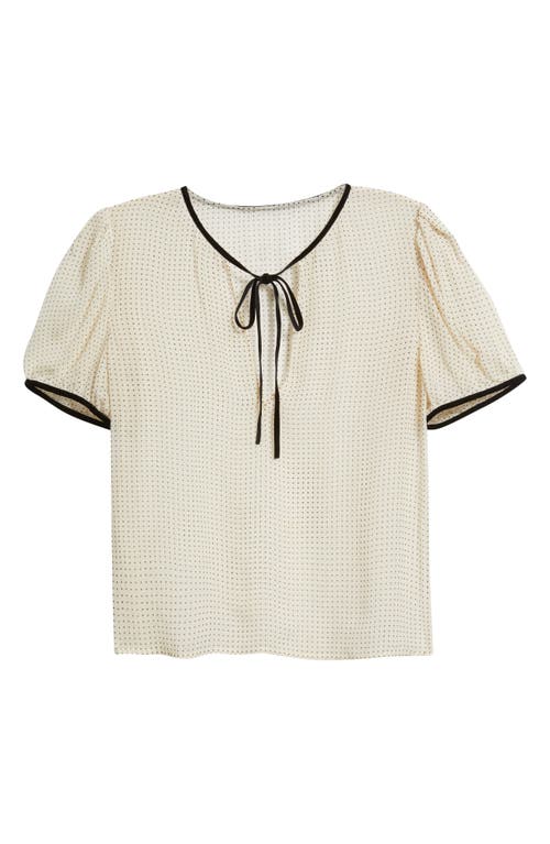 Frame Polka Dot Tie Front Puff Sleeve Semisheer Silk Top In Neutral