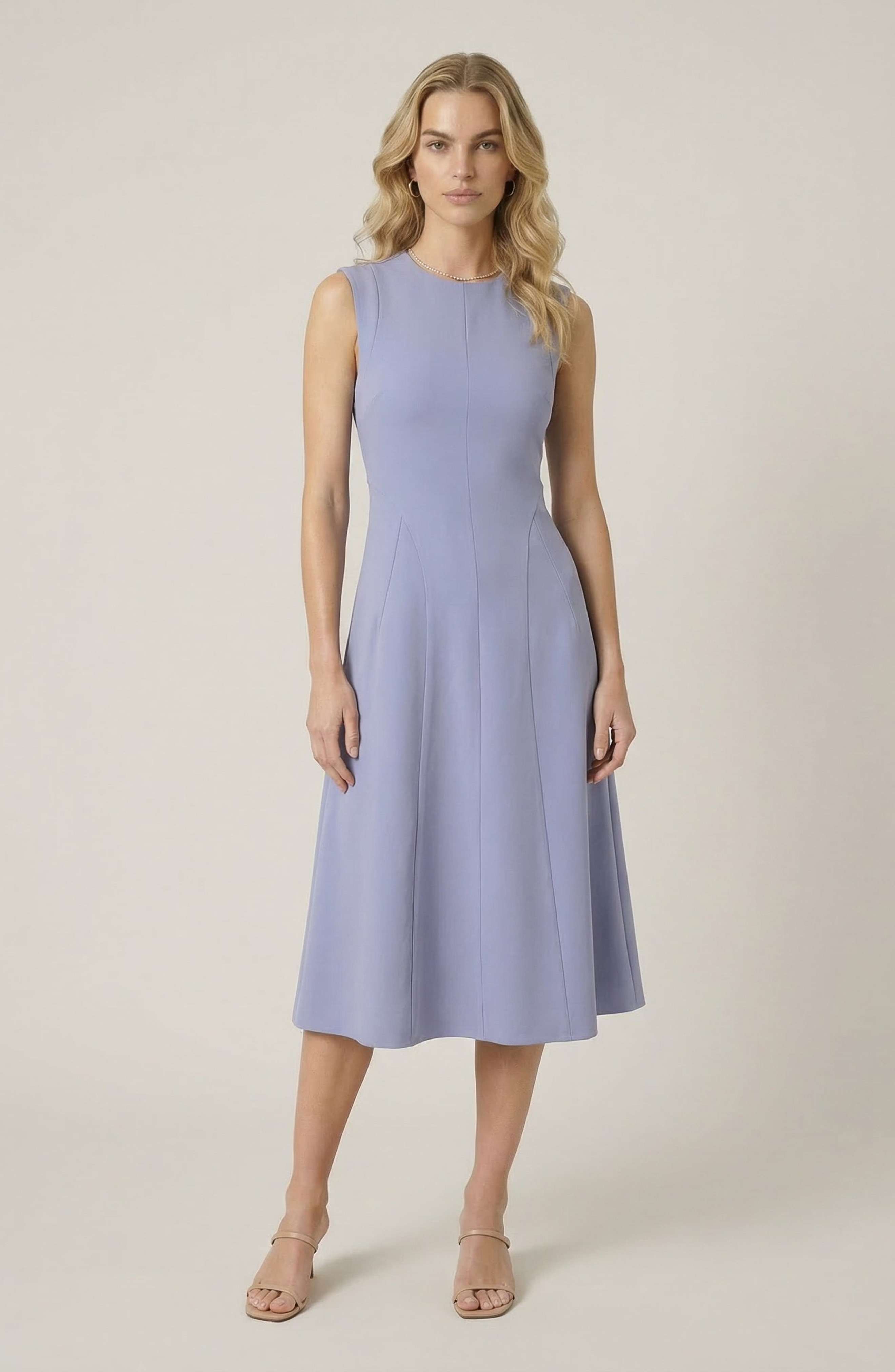 Structured Seaming Flared Skirt Sleeveless Midi Dress