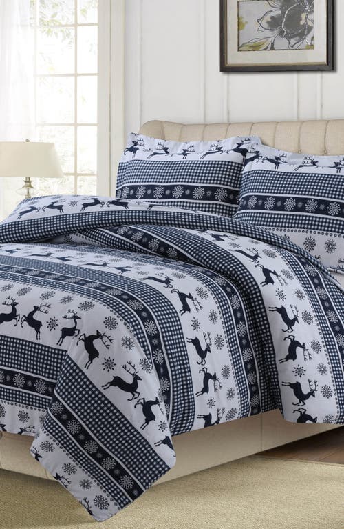 Azores Home Gingham Deer Heavyweight Cotton Flannel Comforter & Pillow Sham Set In Blue