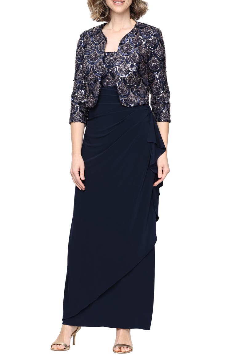Matte Jersey Two-Piece Gown with Bolero Jacket, Main, color, NAVY