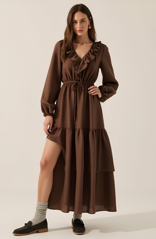 Modenaire Textured Stripe Maxi Dress With V-neck Flounce Ruffle, Bubble Sleeves And Side Slit In Brown
