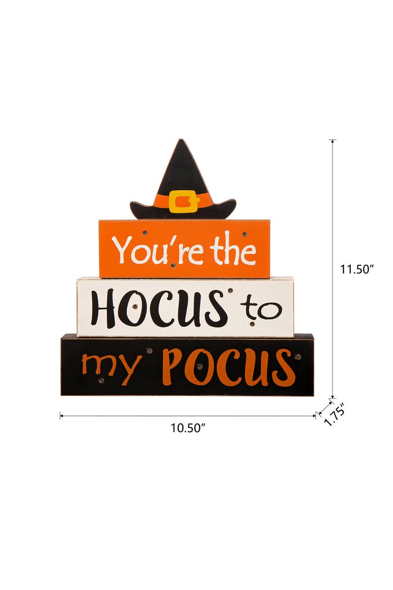 11.5"H  Halloween Wooden Lighted Witch/Word Block Table Decor w/Timer, Alternate, color, Brown
