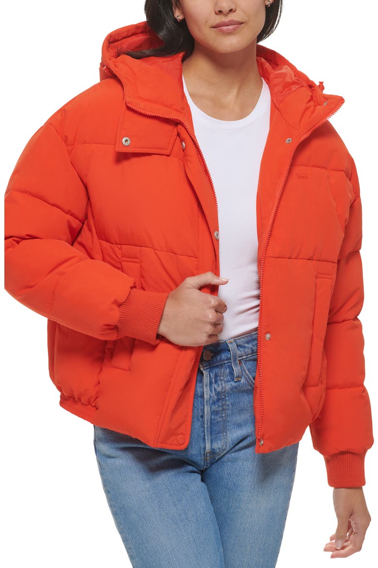 Cinch Waist Hooded Puffer Jacket, Alternate, color, ORANGE. COM
