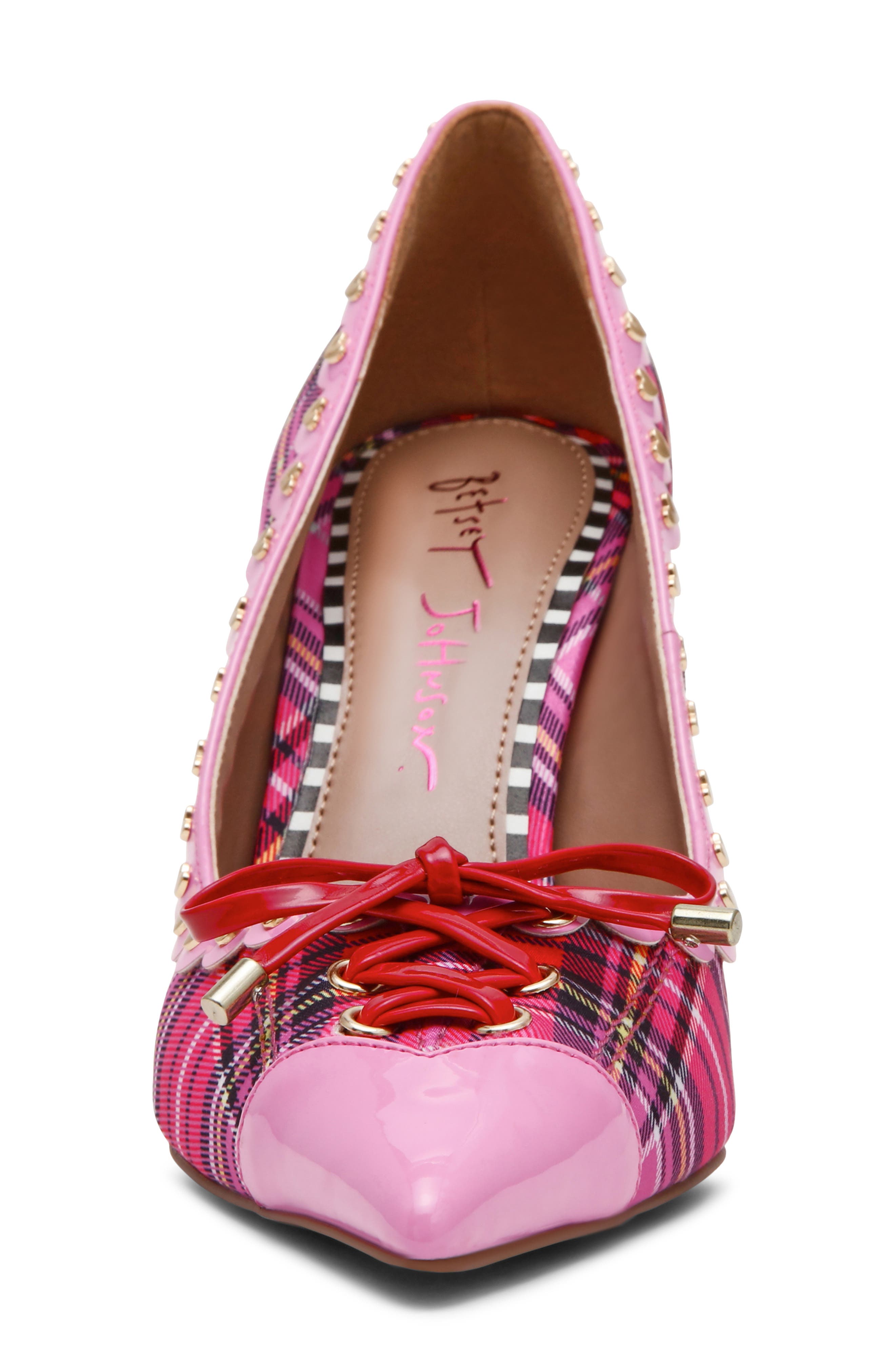 Jovi Studded Pointed Toe Pump, Alternate, color, PINK PLAID MULTI