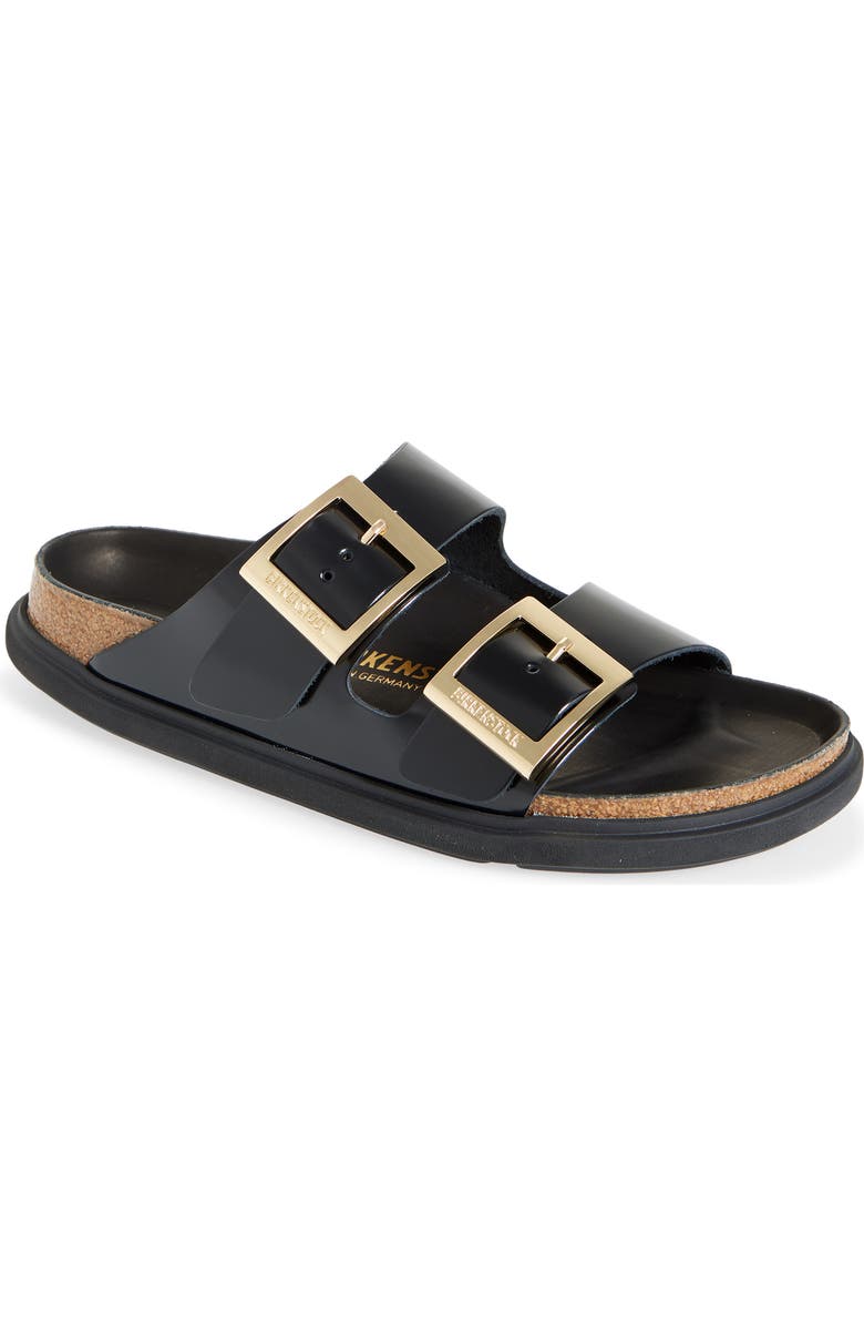 Birkenstock Arizona Droplet Buckle Slide Sandal, Main, color, High Shine Black