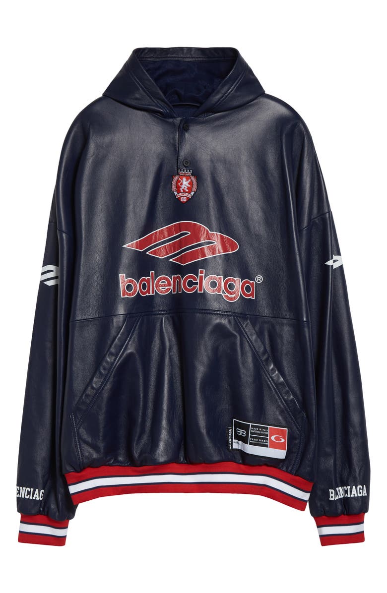 Balenciaga 3B Leather Polo Hoodie, Main, color, 4100 Dark Navy