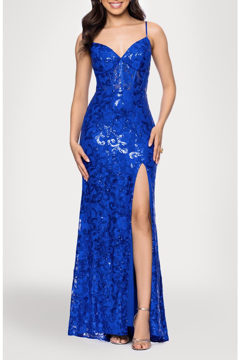 Sequin Tapestry Sheath Gown, Main, color, ROYAL