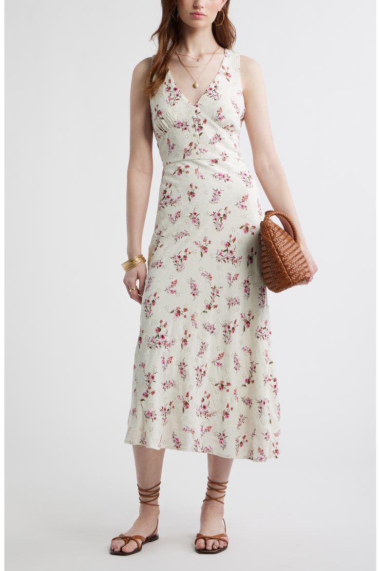 Embroidered Bias Cut Midi Dress, Alternate, color, IVORY- PINK POSY FLORAL