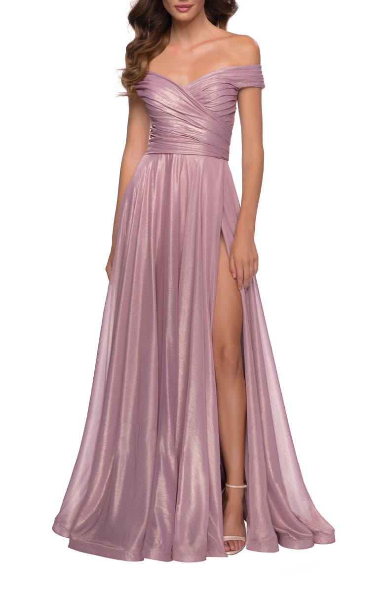 La Femme Metallic Chiffon Gown with Off the Shoulder Top, Main, color, Pink Metallic