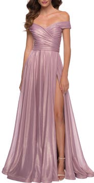 La Femme Metallic Chiffon Gown with Off the Shoulder Top