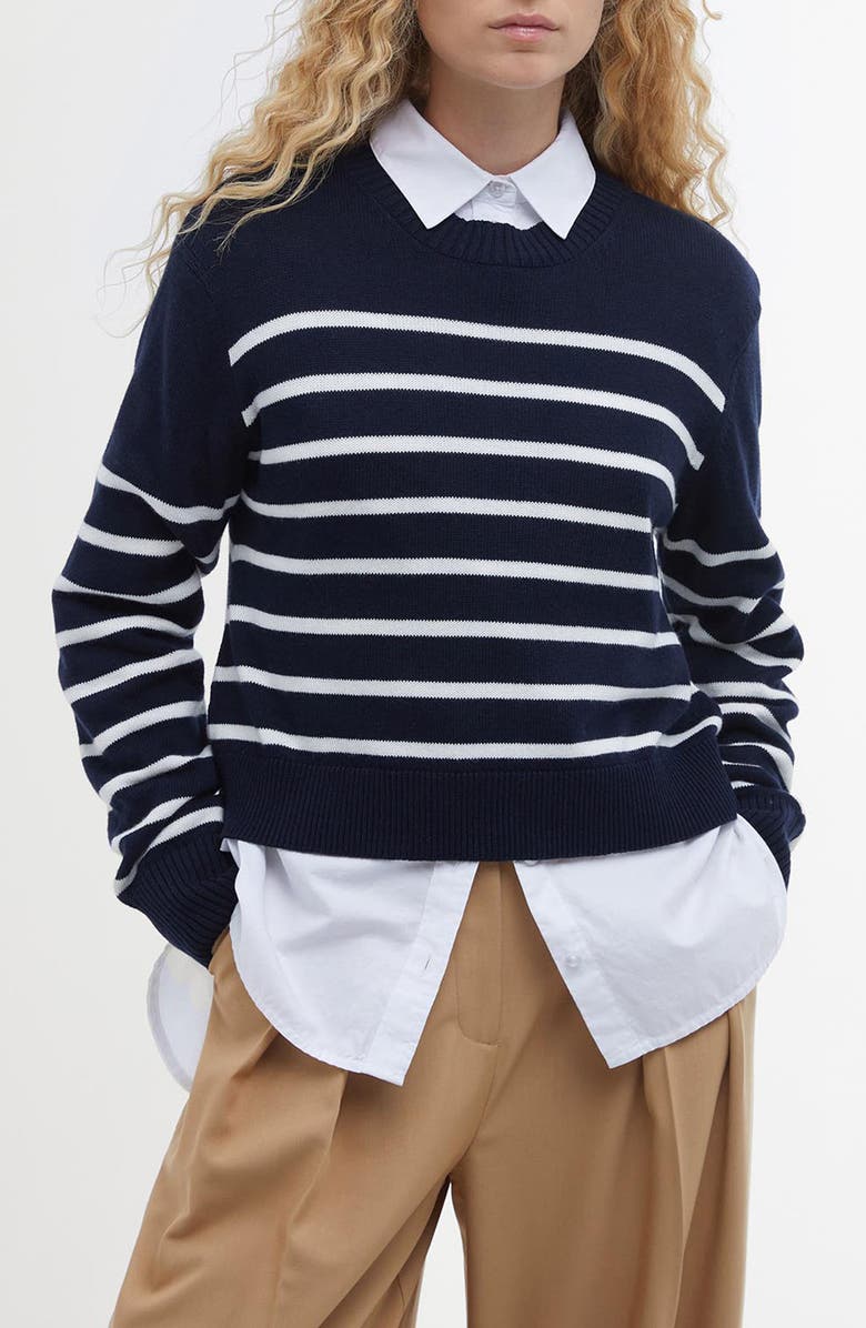 Barbour Emery Stripe Crop Cotton & Cashmere Sweater, Main, color, Navy/ Cloud