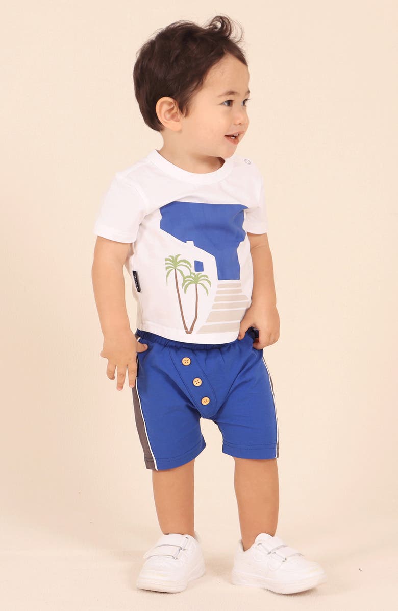 TINY TRIBE Santorini Cotton Graphic T-Shirt & Colorblock Shorts Set, Alternate, color, White Multi