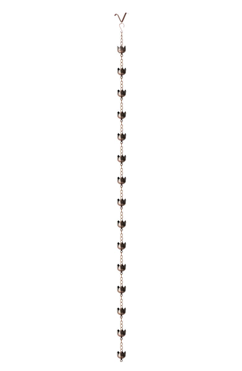 Glitzhome 8.5ft 15-Piece Faux Copper Lotus Shaped Rain Chain with V-Shaped Gutter Clip, Main, color, Brown